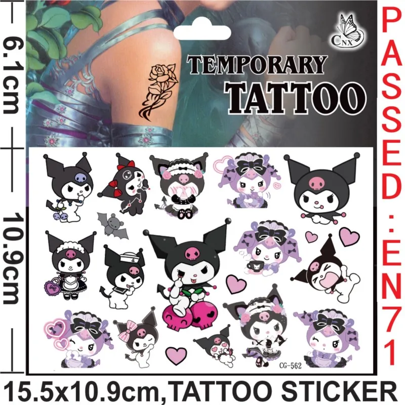 Pegatinas de tatuaje Kawaii 2 piezas Kuromi, calcomanías de dibujos animados de Anime Sanrio, tatuaje temporal a prueba de agua, juguete divertido