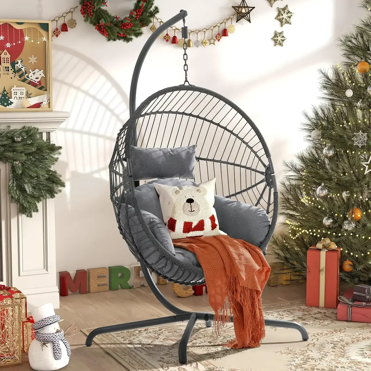 Hot-sellingIndoor Outdoor Egg Swing Chair with Stand, Oversized Cocoon-Shaped Rope Woven Hanging Chair W/Cushion, Safety Strap