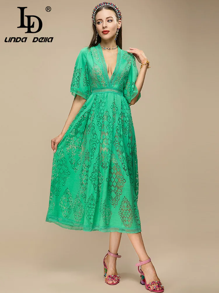 LD LINDA DELLA 2023 Summer Runway Green Dress Women Half sleeve Hollow Out Embroidery Vintage Vacation Party Dress