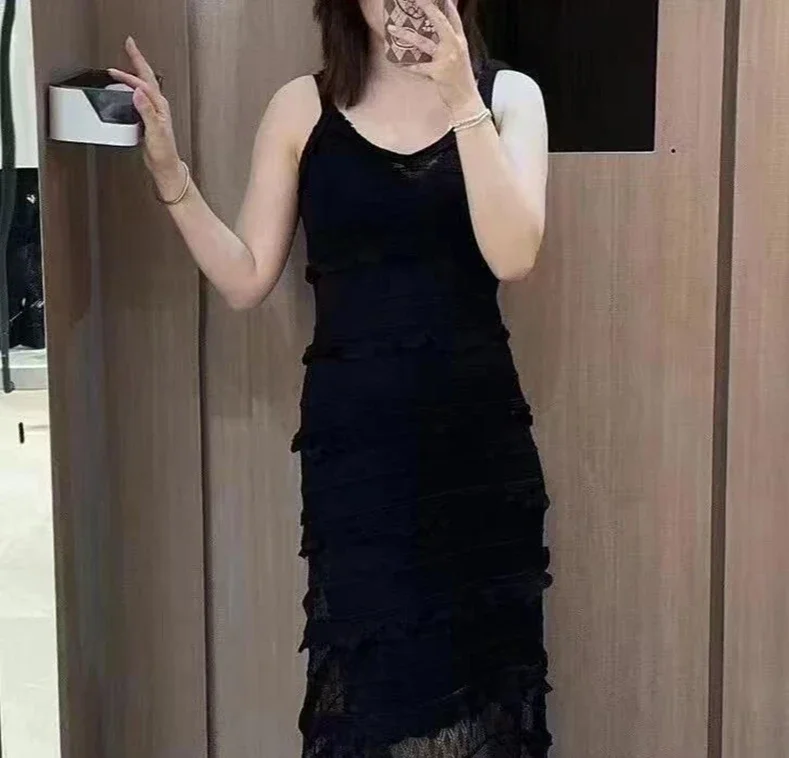 Women's 2025 new knitted suspender dress slim lace decoration including lining maxi dress