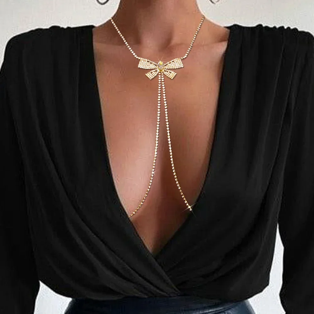 Sexy Bow Nipple Chain Neckalce accessori per il corpo Non penetranti abbigliamento Festivel Crystal Chest Jewelry Dress for Women Gift