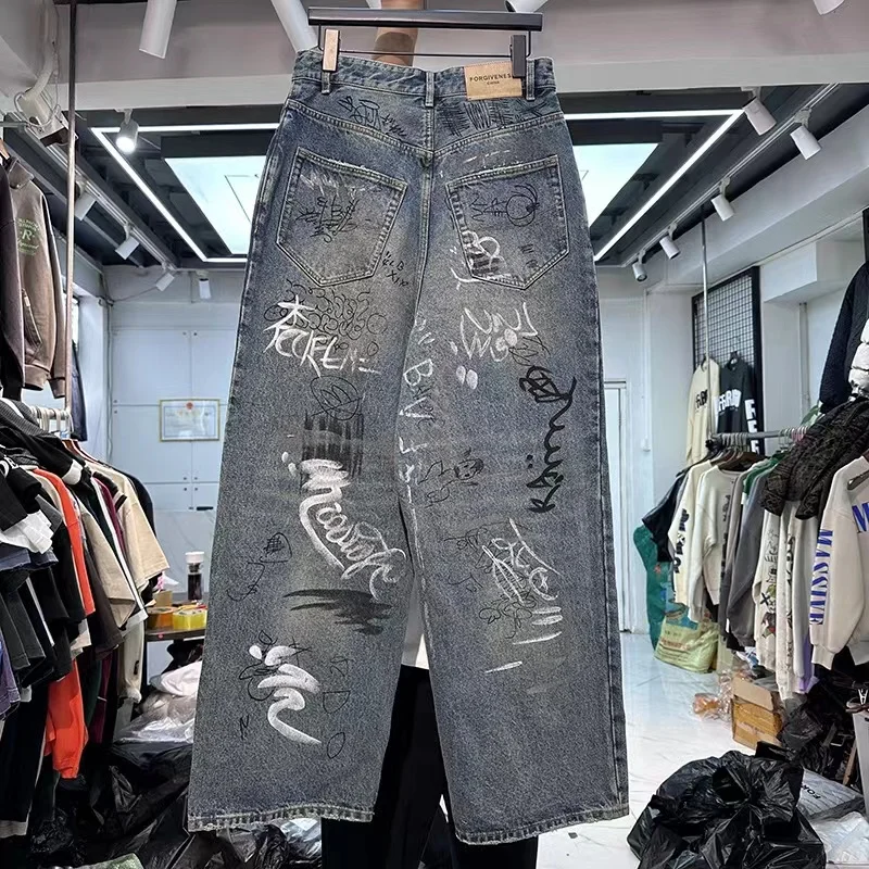 Hand-painted cattle king graffiti jeans