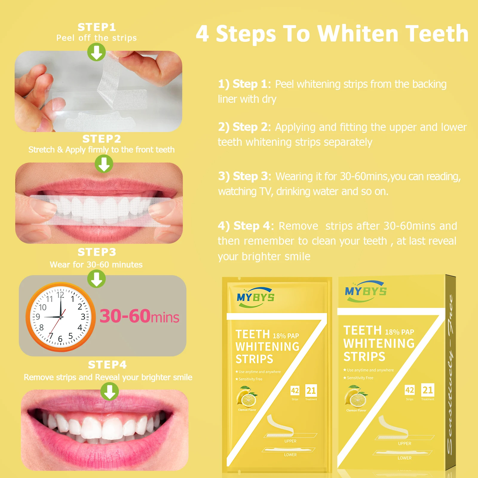 MYBYS 42pcs Whitening Teeth Strips Lemon Flavour Tooth Stain Removal Dental Bleach 18% Pap Dentistry Oral Hygiene Home Use