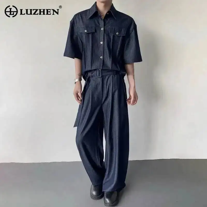 

LUZHEN Sets Color Two-piece 2025 Buttoned Decorate Solid Solid Color Denim Short Sleeve Shirts Men's Fashion Loose Jeans JY7387
