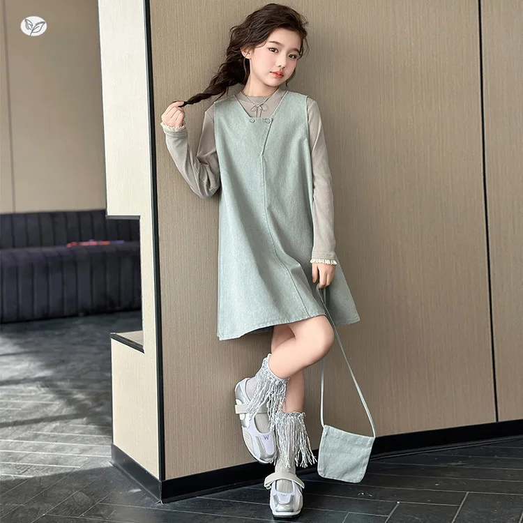 Two-piece Set Camisole and Slip Dress Grils Children Autumn Solid Korean Loose Casual Fashionabel Comfortable Sweet