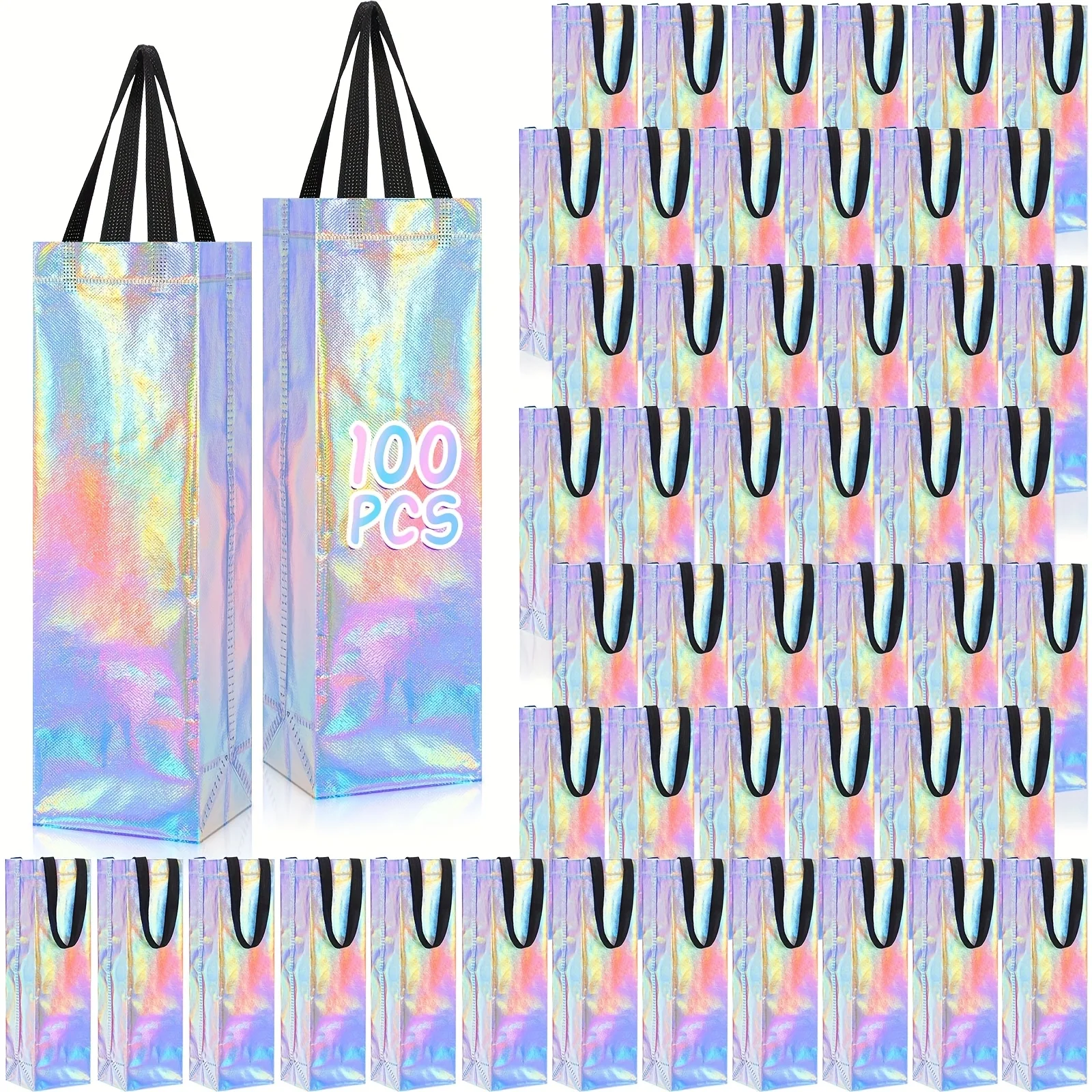 100 Bolsas de Regalo para Vino con Asa, Reutilizables, Pequeñas, 13.8x3.5x3.9 Pulgadas, Bolsas para Botellas de Licor, al por Mayor, para Cumpleaños y Bodas (Iridiscentes)