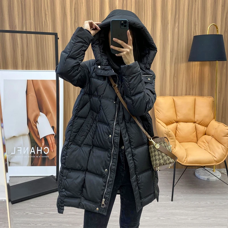 

Winter Long 90% White Duck Down Jacket Women Hooded Zipper Puffer Coat Casual Warm Loose Puffer Feather Parka