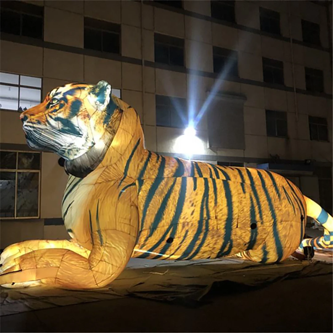 Giant Inflatable Tiger with White LED Light Air Blow Lifelike Jungle Animal with Blower Outdoor Nightclub Stage Decor Advert