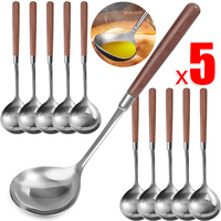 1/5pcs Stainless Steel Wooden Handle Soup Spoon Thickened Long Handle Spoon Hot Pot Scoop Home Kitchen Tableware Cooking Utensil