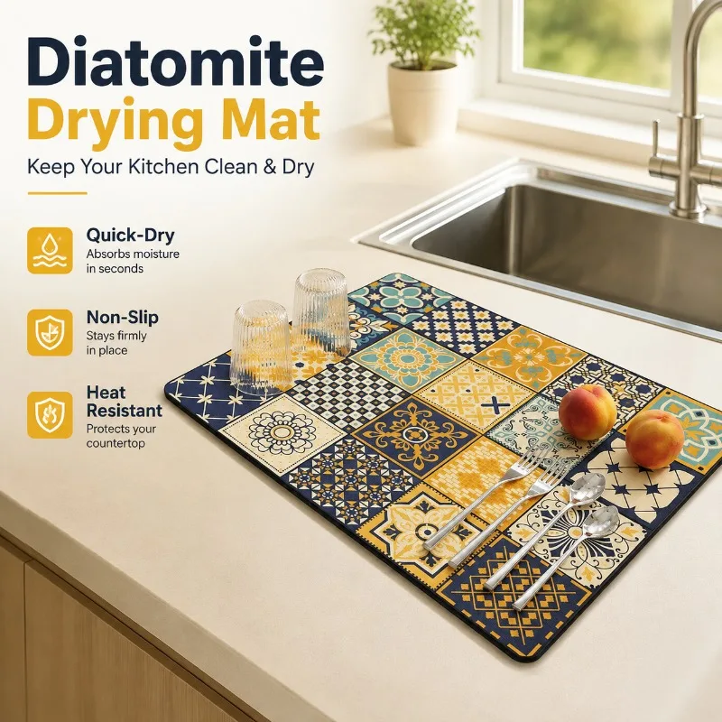Floral‑tile Diatomite Draining Quick‑dry Water‑absorb Counter‑pad for Kitchen Anti‑slip Heat‑insulated Trivet Prevent Desktop