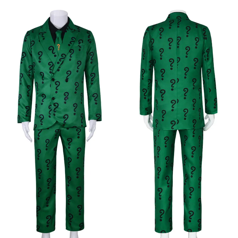 Riddler Cosplay Fantasy-Film Super Bösewicht Kostüm Fantasie Outfits Jungen Männer Erwachsene Halloween Karneval Verkleidung Rollenspiel Anzug