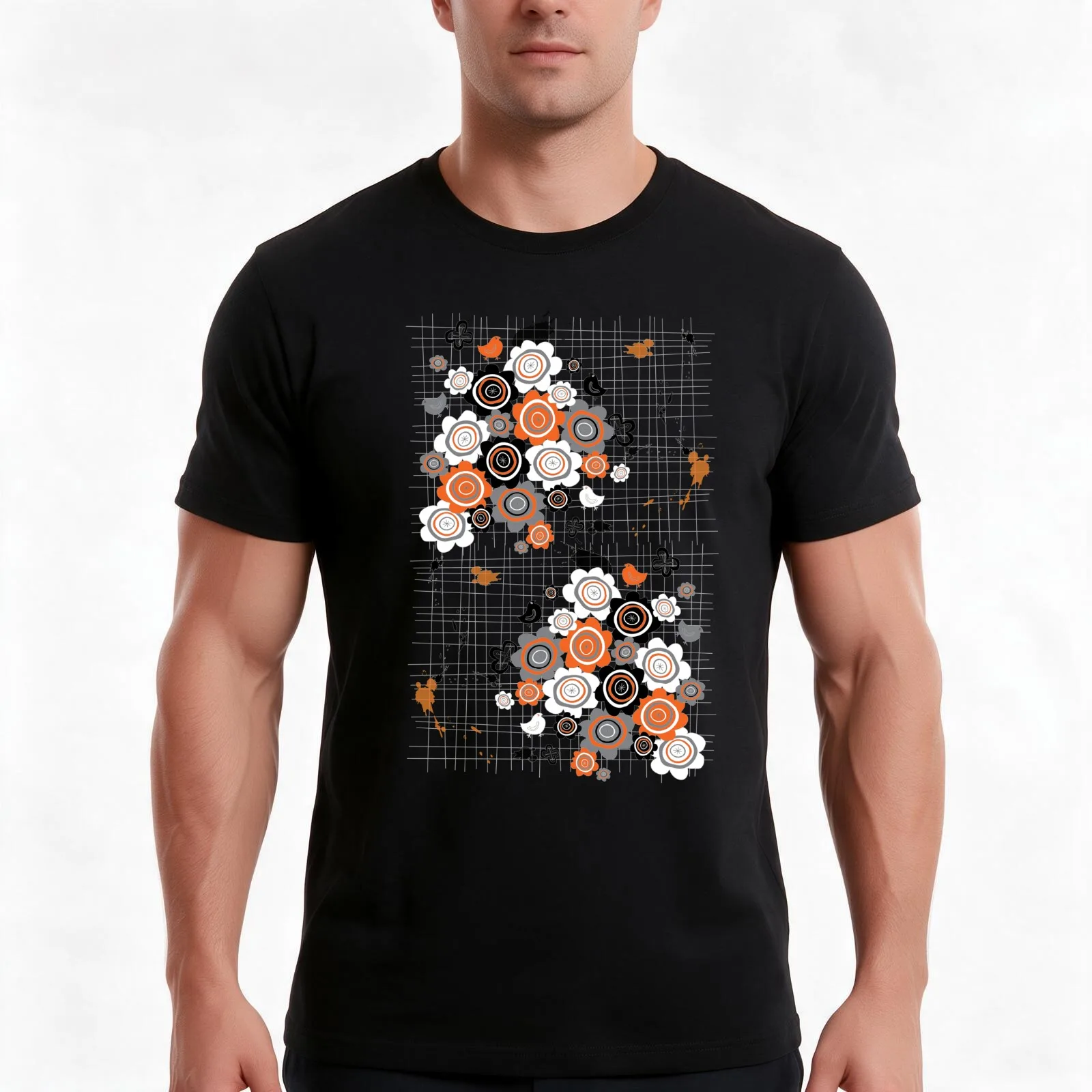 Grunge Orange Flowers And Chicks Scrapbook Doodles ? fatfatin T-Shirt, Summer Casual Cotton Tee, Oversized Streetwear Tops