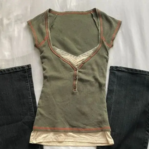 

Harajuku T-shirt Vintage Woman Clothing Y2k 2000s Sweet Short Sleeved Slim Polo Lace Streetwear Crop Top Lace-up Elegant Emo Tee