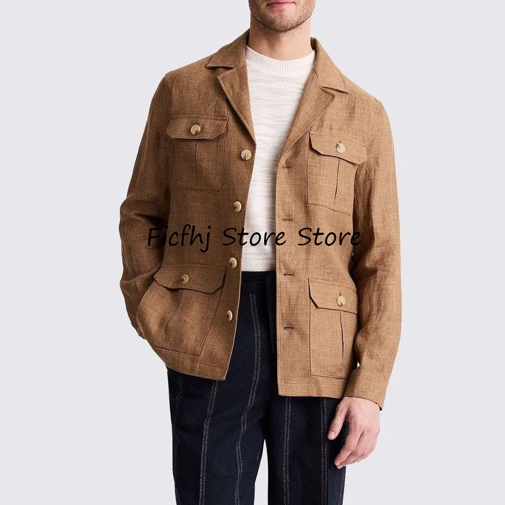 

Модный пиджак, пиджак с воротником, повседневные костюмы, мужские пиджаки с четырьмя карманами, льняная однобортная одежда