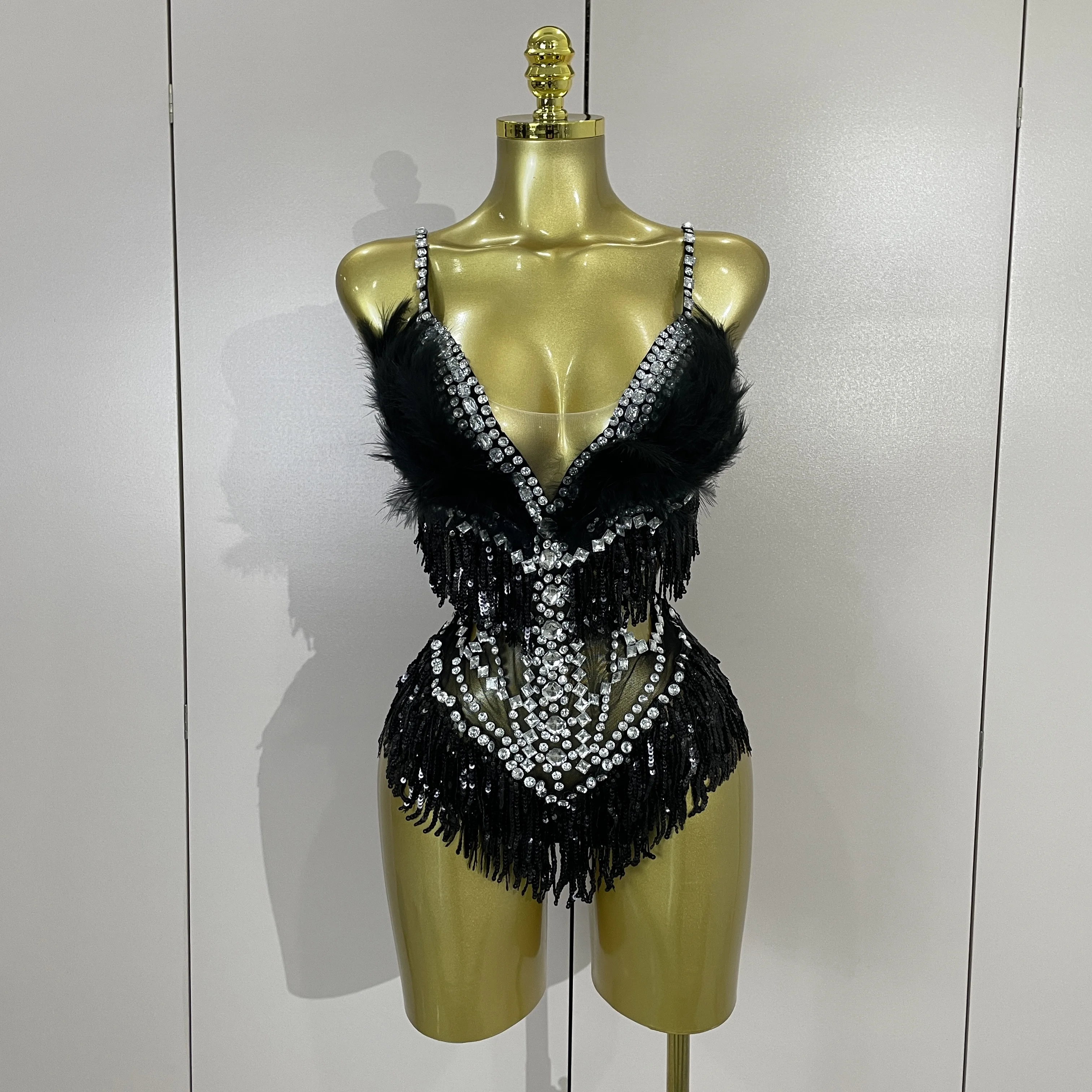 

Luxury Sparkly Rhinestones Feathers Tassels Mesh See Through Bodysuits Women Sexy Nightclub Bar Performance Dancer Stage Costume