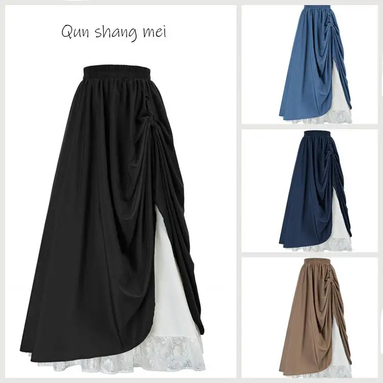 

Ladies Double Layer Lace Long Skirt Vintage Sle Gathered Pleats Button Detail Polyester Fiber mid Waist Batwing ape