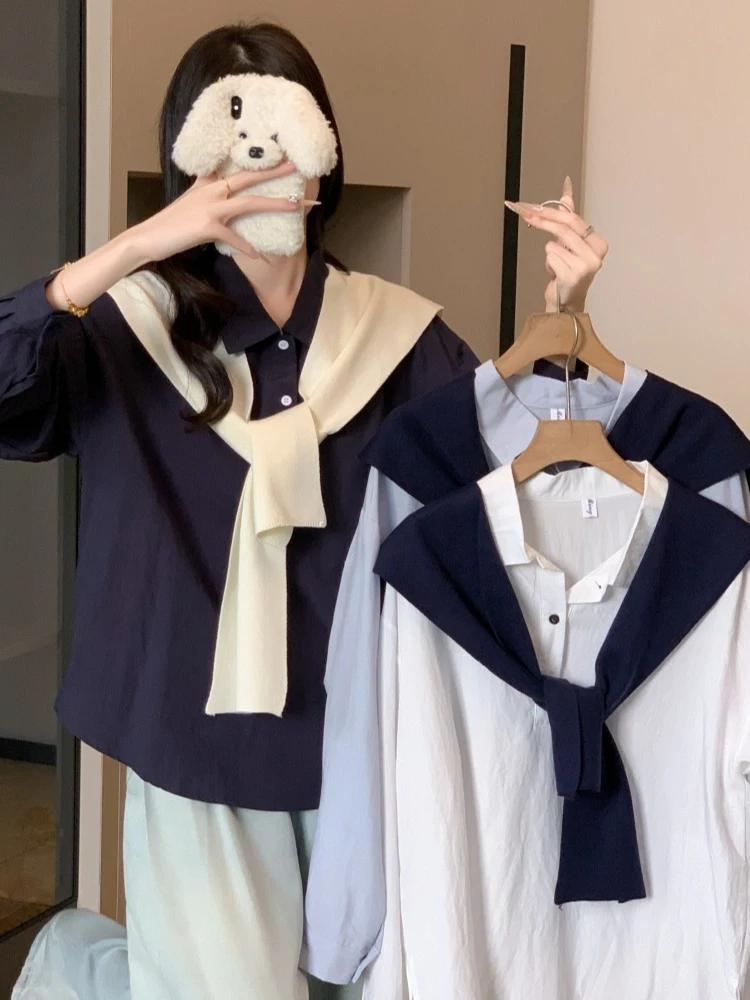 French Vintage Chic Casual Two Piece Set Tops Women Slim Fit Polo Collar Button Shirts + Shawl Elegant Autumn Fashion Outfits