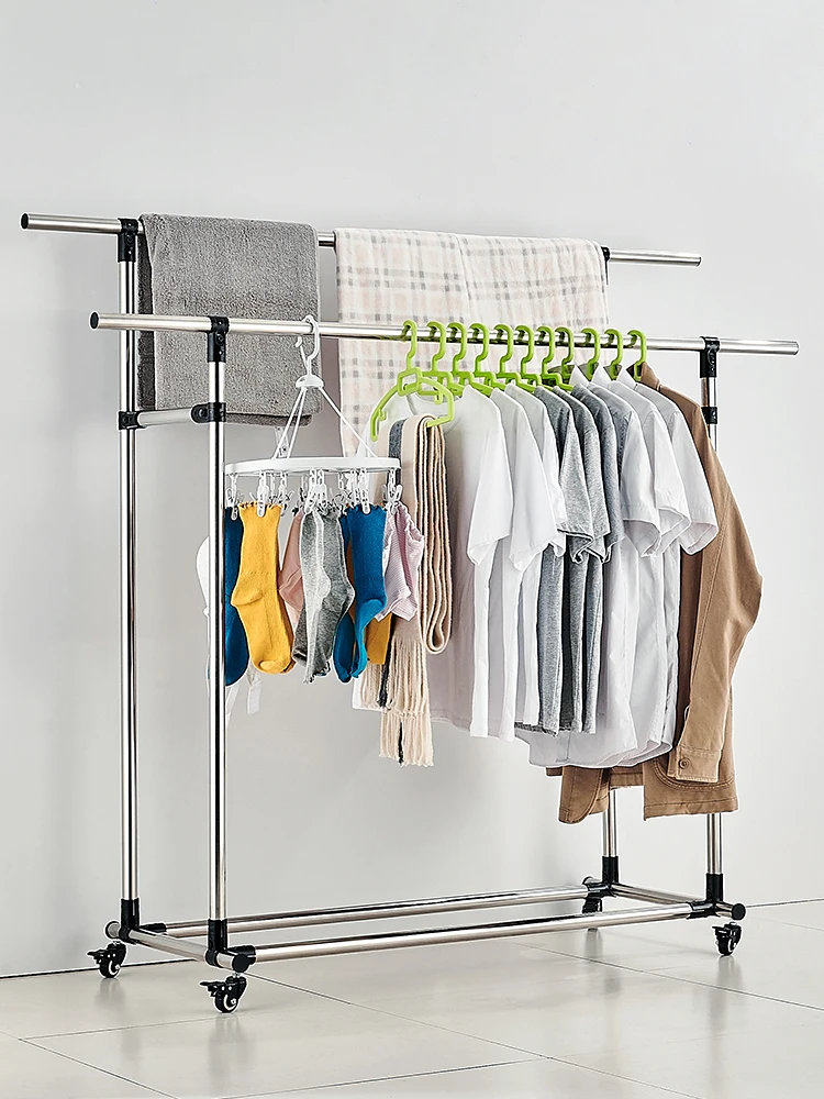 Stainless steel drying rack mobile hanger floor thickened bold household balcony bedroom indoor hanging clothes pole shelf