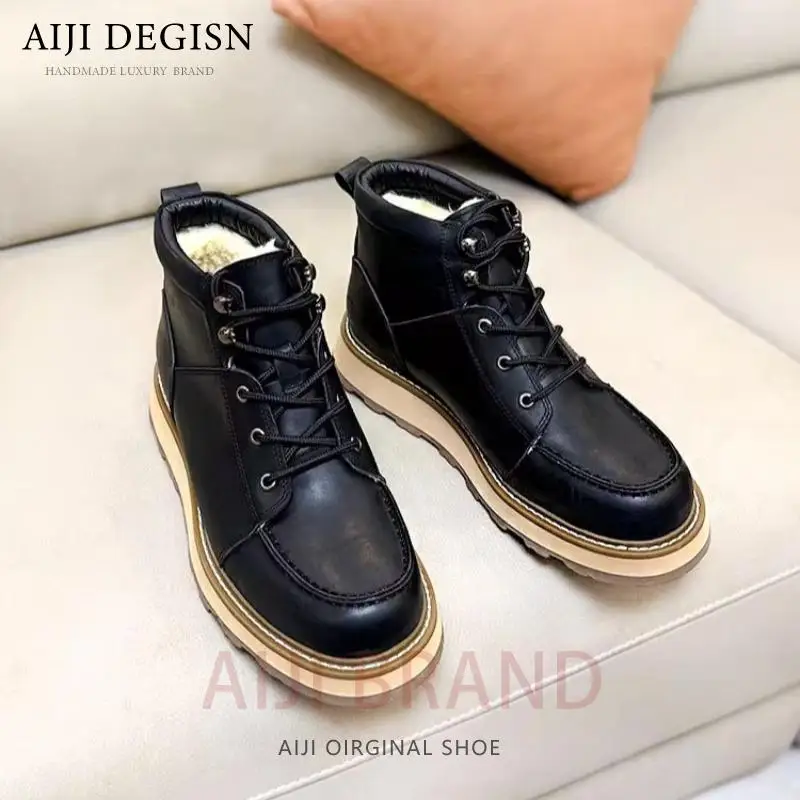 

Non-slip Wear-resistant Casual Warm Wool Genuine Leather Boots Vintage Thick Sole Outdoor Walking Winter Snow Boots Men's Shoes