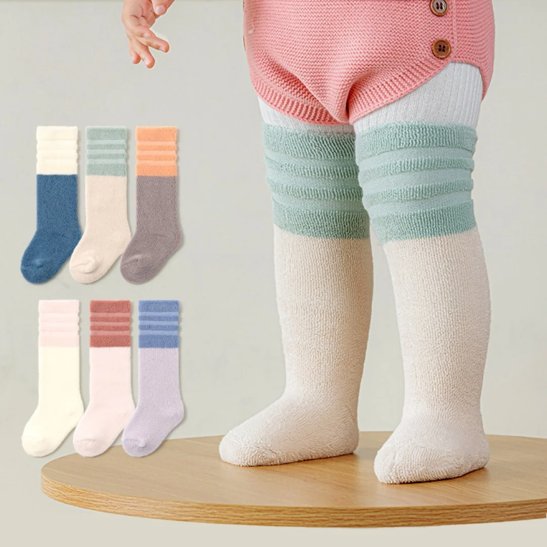 Autumn Kids Knee High Socks Toddler Color Block Striped Thick Warm Leg Warmers 6M-3Y Soft Elastic Non-binding Kids Long Socks