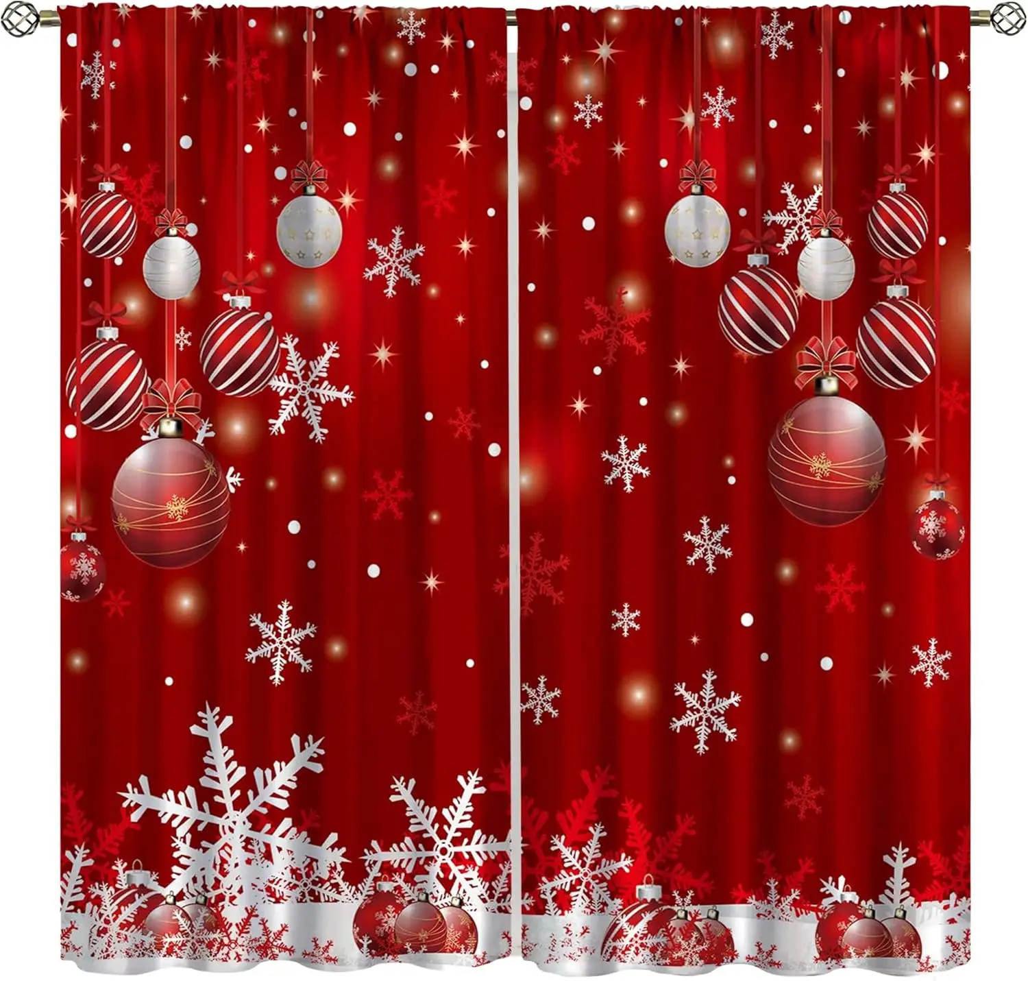 Merry Christmas Curtains, Merry Xmas Glitter Snowflake Window Treatments for Living Room Bedroom Kitchen Holiday Party Decor,Red