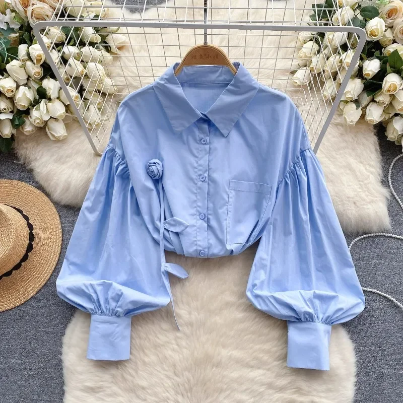 

Turn Down Collar Puff Sleeve Women Clothing Blusas Mujer Spring Autumn Vintage Shirts Single-breasted Stereo Flower Blouses