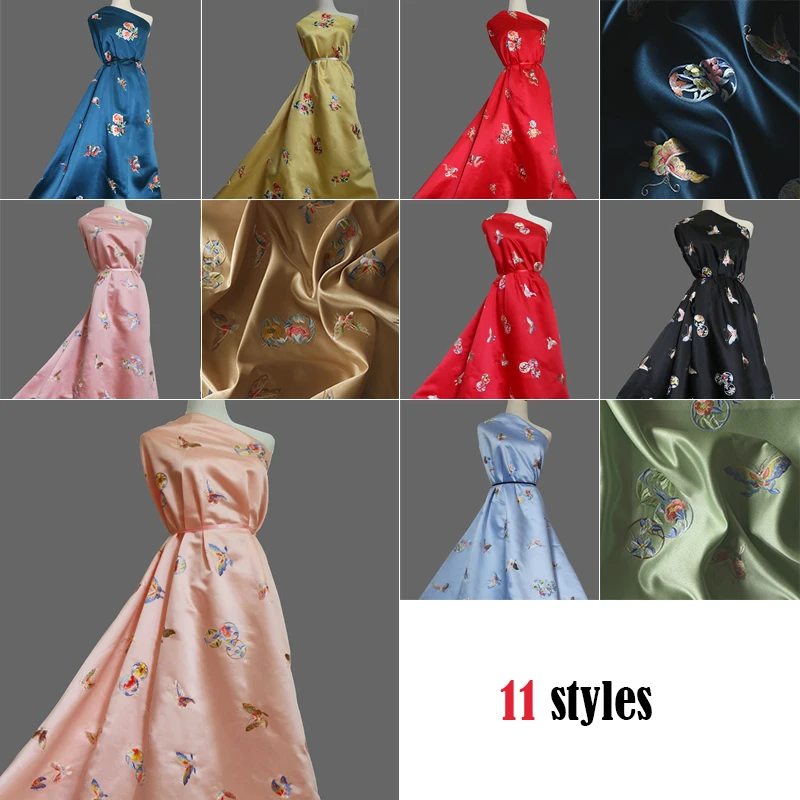 High Quality Thick Satin Silk Fabric Chinese Style Colorful Butterfly Embroidery Group Brocade Fabric For Cheongsam Hanfu Dress