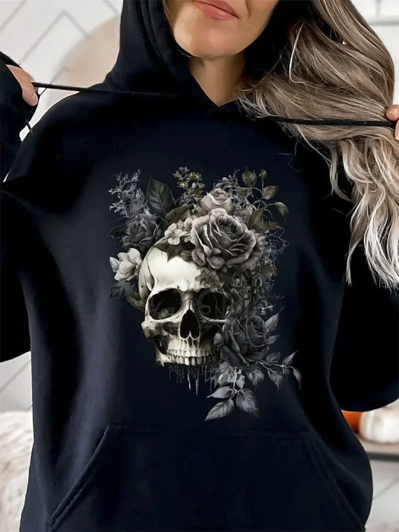 

2025 Autumn and Winter Gothic Skull Floral Print Hoodie _㎡ Loose Fit Black High-end Luxury Is for Both Men and Women Top Y2k