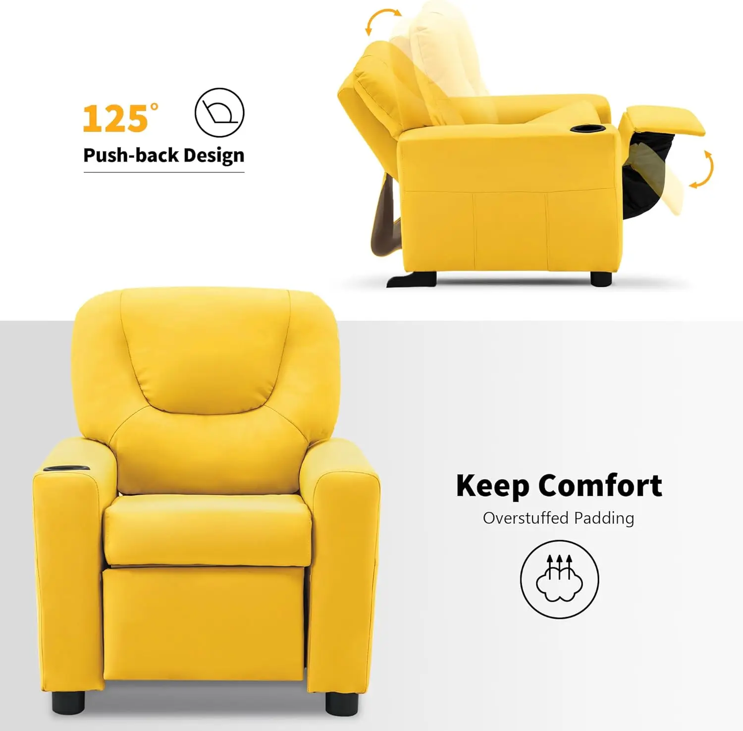 Kinder-Liegestuhl mit Getränkehaltern, Kunstleder Gelb