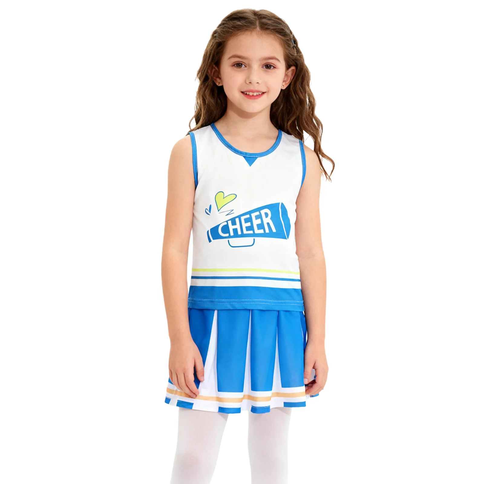 Kids Girls Cheer Leader Costume Outfit Sleeveless Top with Elastic Wide Waistband Skirt Cheer Uniform for Stage Performance Wear