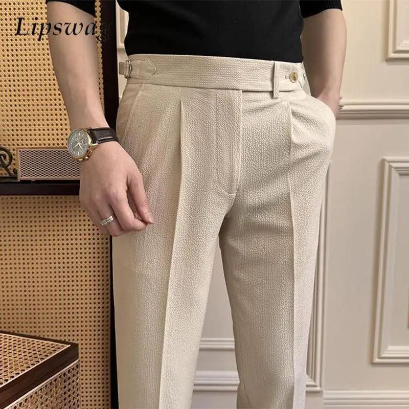 Naples Style Suit Trousers Men Stylish High-waisted Belt Design Slim Straight Pants Mens Fall Vintage Solid Color Casual Pants