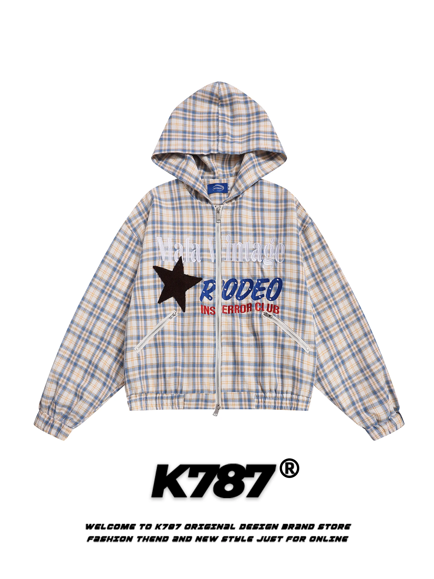 

K787 American Retro Plaid Star Embroidery Hooded Jaet Loose Casual Sle for Men And Women Spring Autumn Season Outerwear