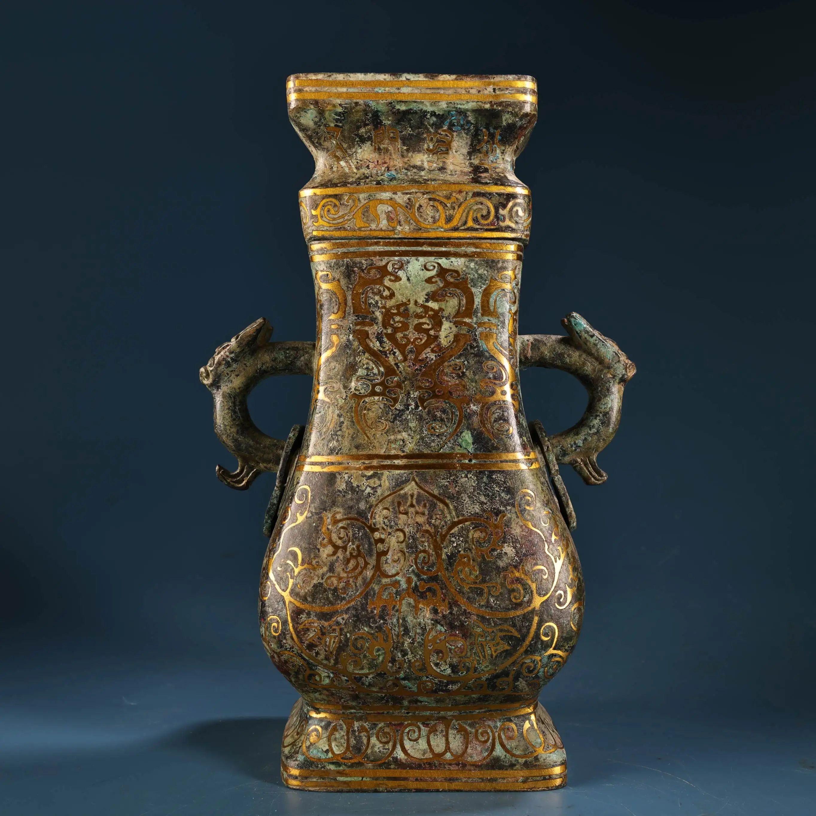 Tibet Folk Old Bronze Ware nscription Engraved pattern Beast Head Pull Ring Ear Fangzun vase Storage Bottle Amass wealth