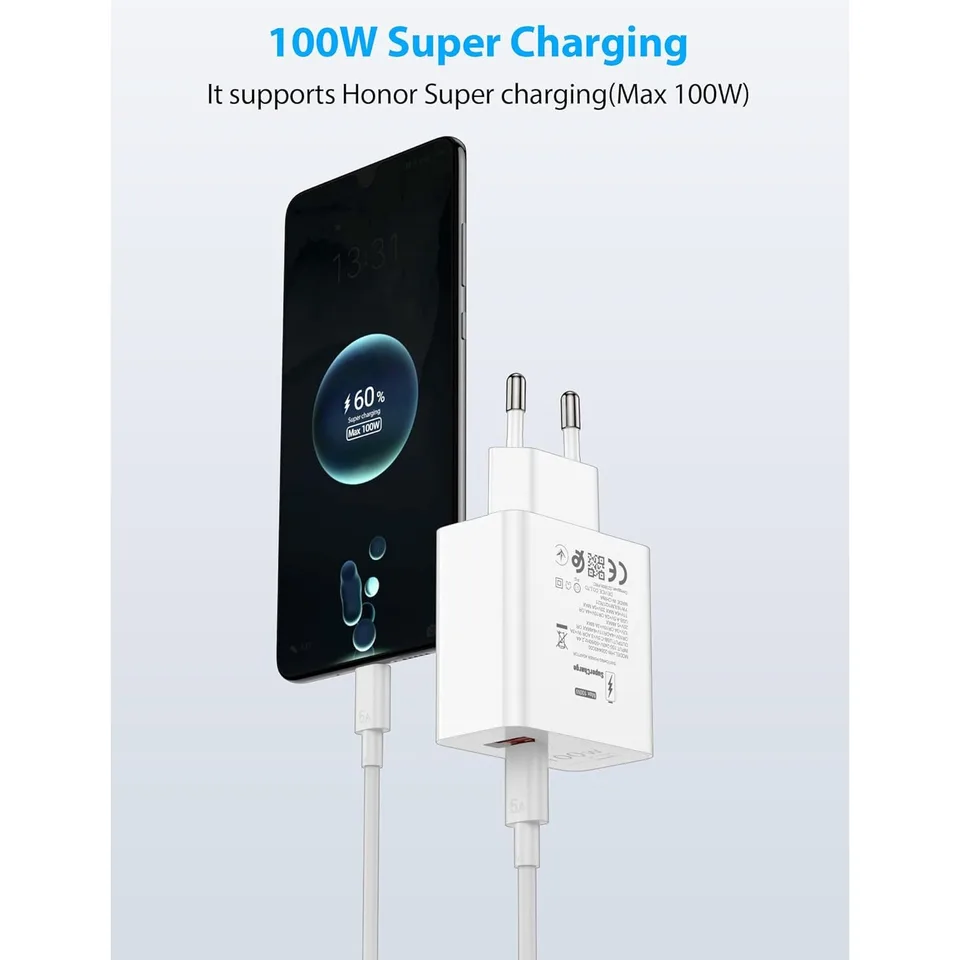 Cargador 100W con Cable de Carga Tipo-C de 2m Chip Inteligente Integrado para Honor Huawei 6
