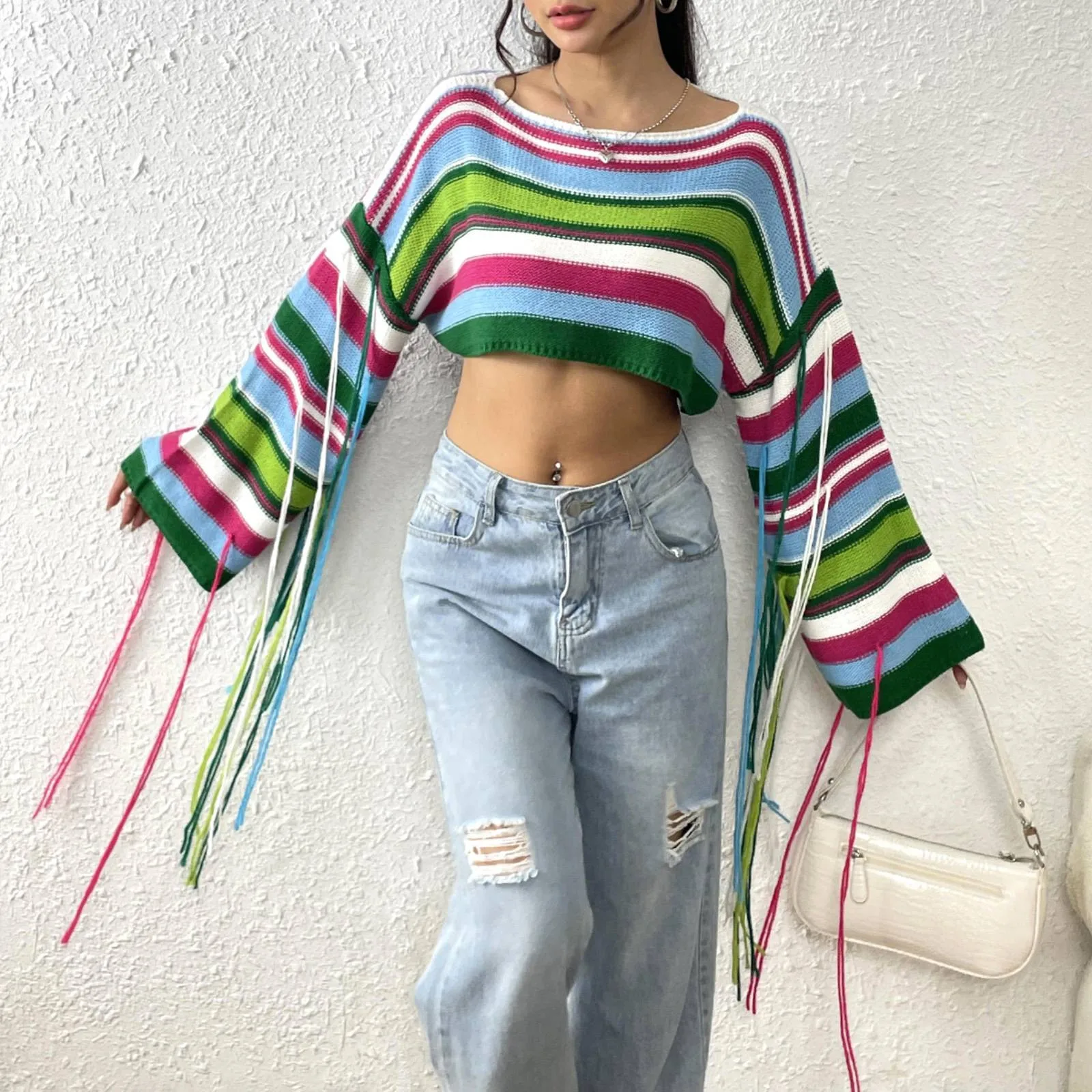 Women'S Rainbow Fringe Sweater Crewneck Long Sleeve Crop Short Sweater Fashion Trend Personality Pullover Elegant Aesthetic Top