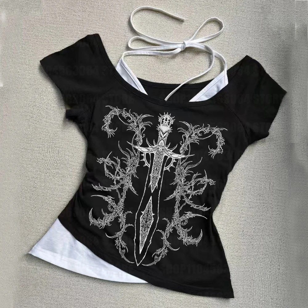 Y2K clothing fairy fake two pieces garbage rock summer baby T-shirt crop top 2000s street wear Harajuku Gothic short sleeved T-s