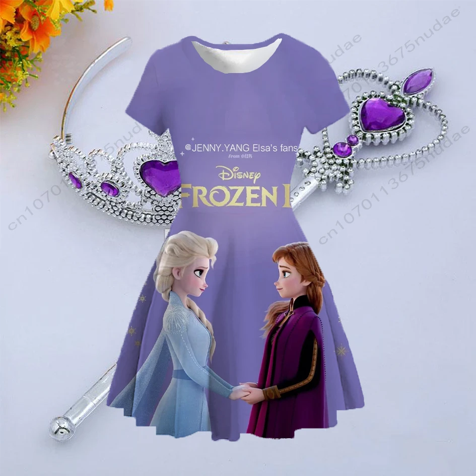 Disney children's dress love Frozen series print round neck short sleeve dress birthday party dress girl princess skirt