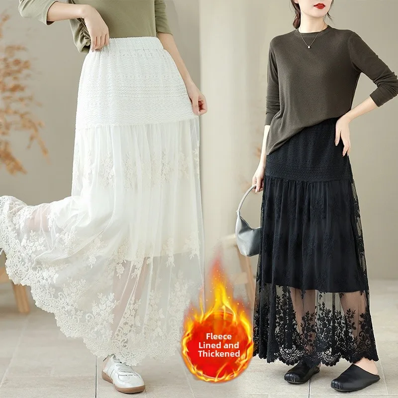 

Кружевная юбка Ele с высокой талией Thiened Fce, осень-зима, новое длинное платье трапециевидной формы длиной до колена для женщин