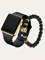 Fashion simple silicone rectangular men's electronic watch with acrylic leopard head bracelet gift set