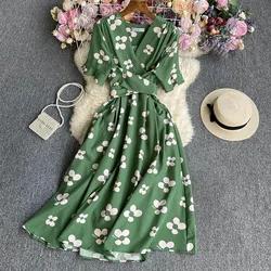 YuooMuoo Chic Fashion Flower Print Women Dress 2024 New Summer Bandage Slim Waist A-line Long Dress Bohemian Female Robe Femme