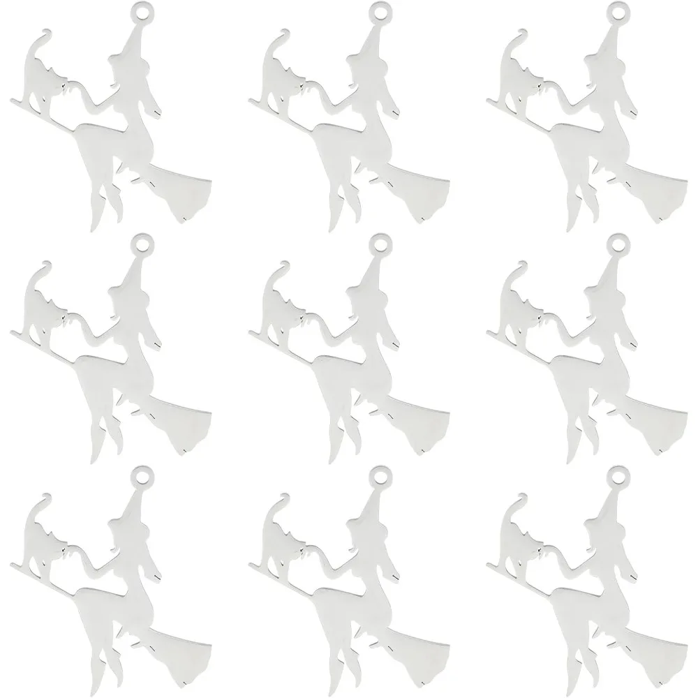 1 Box 10Pcs Stainless Steel Halloween Charms Witch Charm Wizard Hat Charms Laser Cut Magic Fairy Flying Broom Charm Broomstick