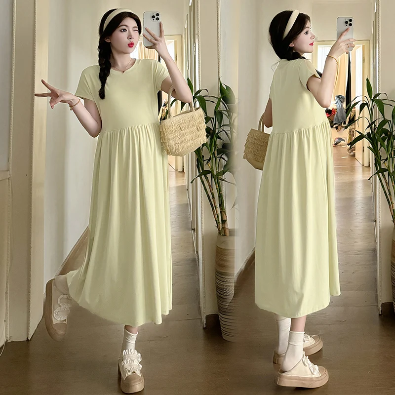 

95% Cotton Maternity Dress for Summer Long Loose Flexibility Pregnant Woman A-line Dress Solid Color Pregnancy Casual Clothes