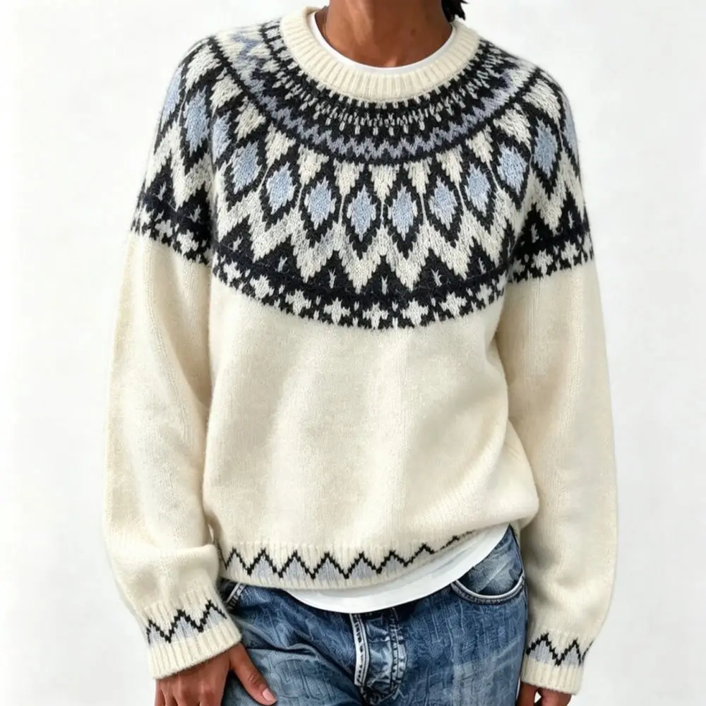 Fair Isle Style Sweater Women Winter Pullover Knit O Neck Oversized Long Sleeve Geometric Pattern Casual Soft Tops