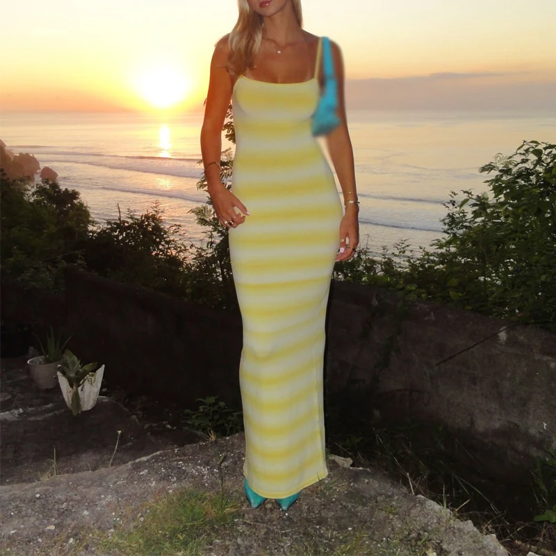 2025 Spring Summer New Stripe Print Beach Dress Fashion Suspender Slim Bikini Cover-up Sexy Sleeveless Backless Sunscreen Dress