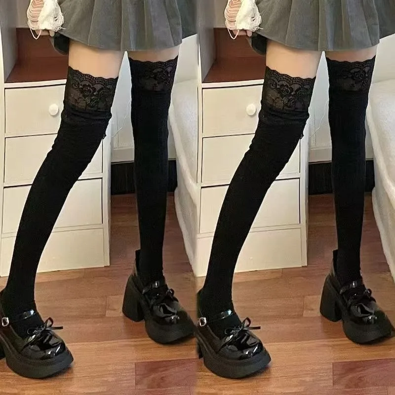 Długie skarpetki z koronką, uniwersalne pończochy Lolita, damskie długie skarpety, wysokiej jakości podkolanówki, idealne na prezent dla kobiet, do odgrywania ról.