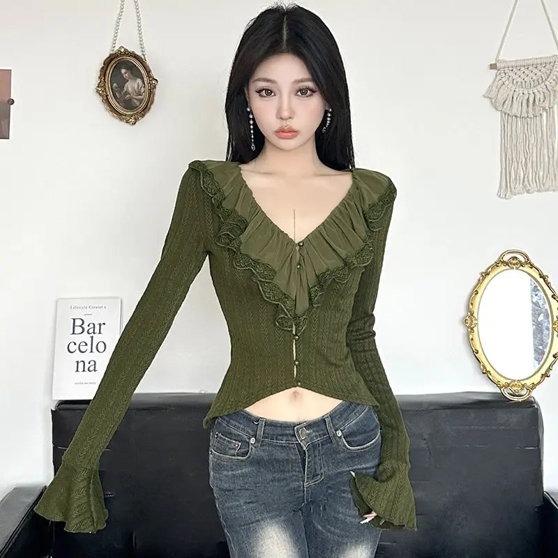 

Forest Style T-Shirt Retro Lace Stitching Lotus Leaf Collar Buttoned Hot Girl Slim Fit Bell Sleeve Cardigan Top