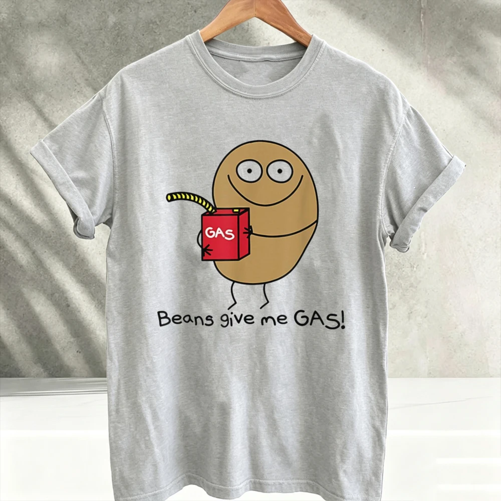 Funny Beans Give Me Gas Cartoon Bean Character Graphic T‑Shirt Humor Food Joke Gas Can Comic Print Soft Cotton Casual Streetwear