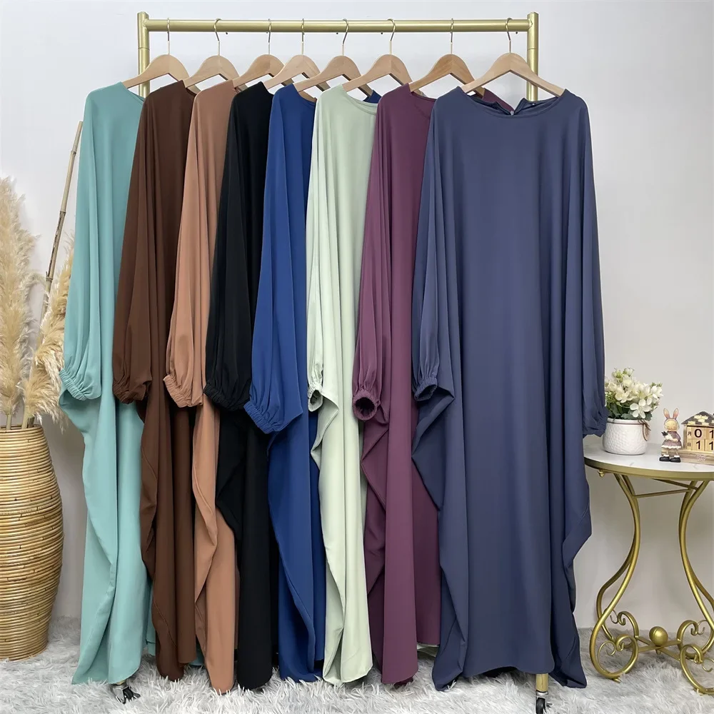 Muslim One Piece Robe Prayer Abaya Dress Batwing Sleeves Women Islamic Clothing Dubai Saudi Turkish Modesty Casual Hijab Robe