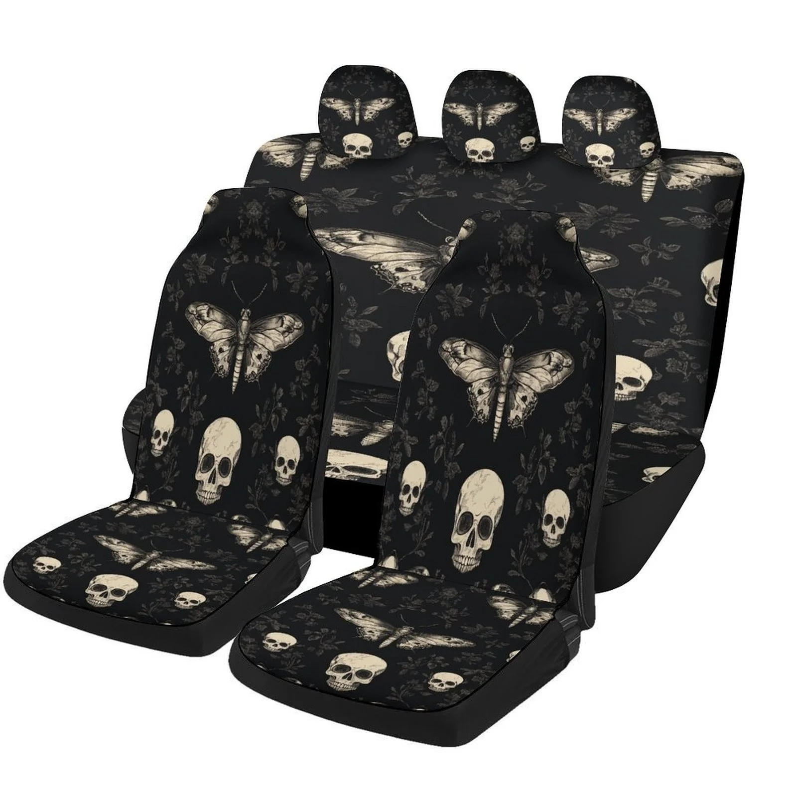 Gothic Moth And Skull Pattern Designed Car Seat Cover Set For Most Cars, Fashion Comfortable Car Seat Protector Covers Full Set