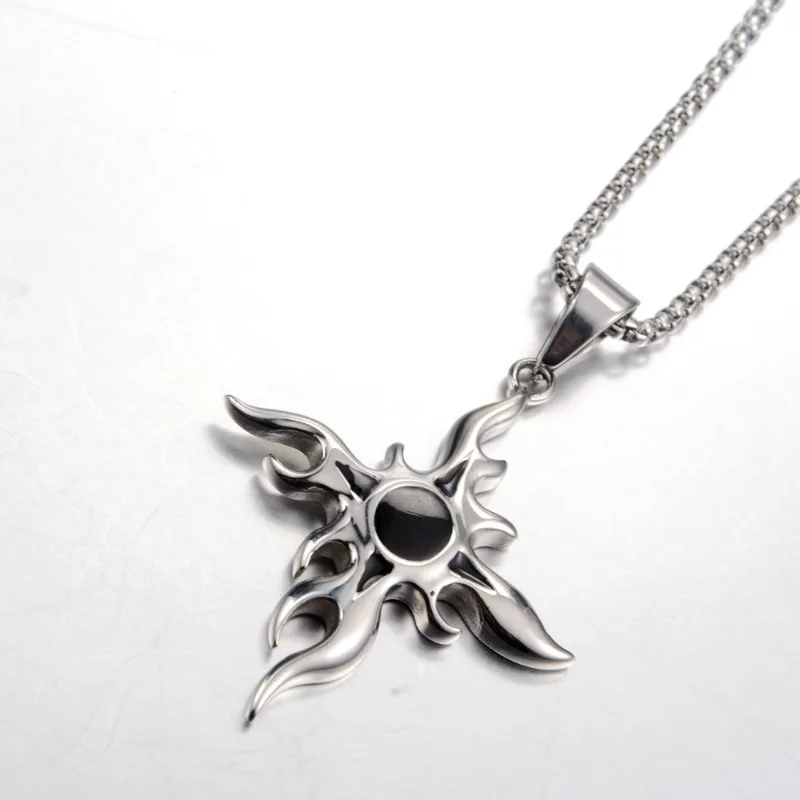 Unisex Couple Hip‑Hop Titanium Steel Necklace Flame Cross Pendant Trendy Versatile Casual Daily Neck Accessory